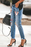 Plaid Patchwork Hollow Out Frayed Hem Ripped Jeans