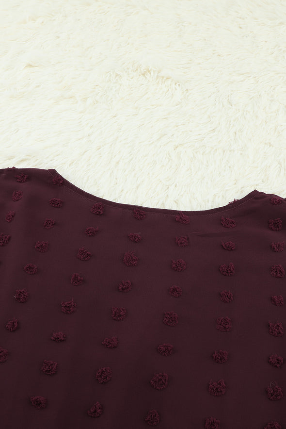 Wine Red V Neck Lantern Sleeve Swiss Dot Plus Size Blouse