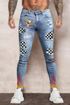 Men's Skull Print Patchwork Distressed Skinny High Waist Jeans