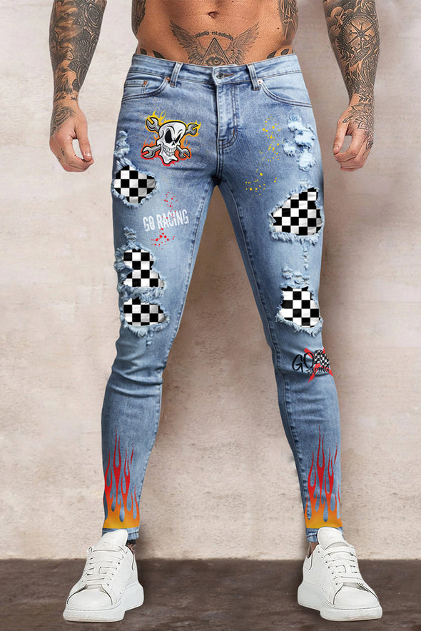Men's Skull Print Patchwork Distressed Skinny High Waist Jeans