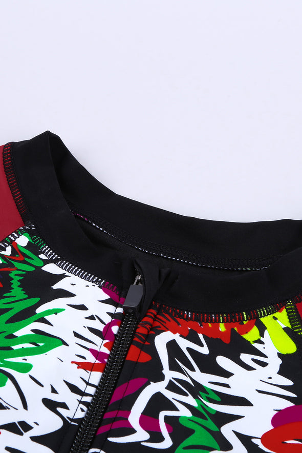 Floral Striped Patchwork Rashguard One-piece Swimsuit
