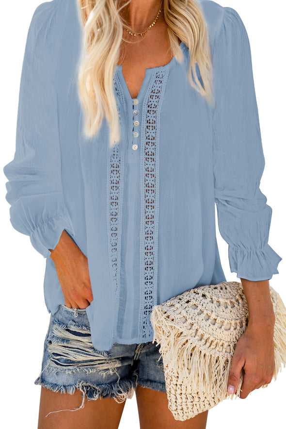 Bohemian Bubble Sleeve Eyelet Blouse