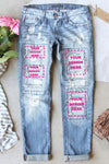 Valentine Heart Patchwork Distressed Straight Leg Jeans