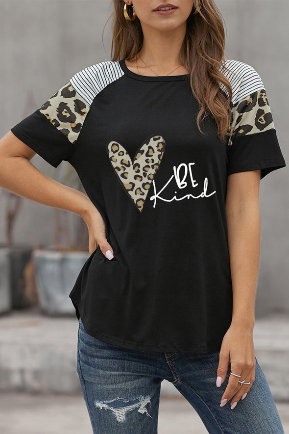 Letter Heart Print Leopard Striped Color Block Short Sleeve T-shirt