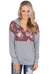 Floral Splice Pink Kangaroo Pocket Zip Collar Sweatshirt