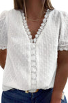 V Neck Lace Crochet Swiss Dot Short Sleeve Blouse