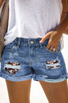 Plaid Patchwork Rolled Hem Denim Shorts