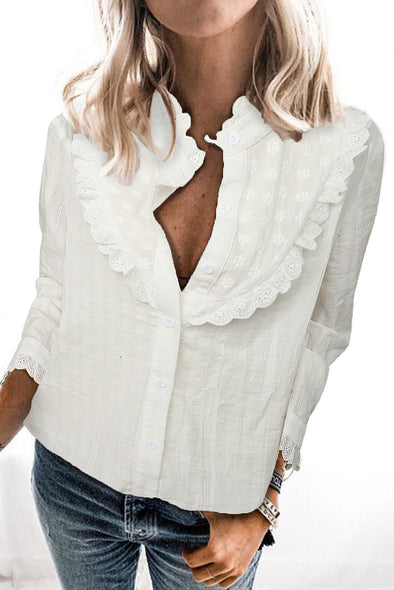 Stand Collar Ruffles Textured Shirt