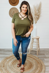 Army Green Plus Size Crisscross Ribbed Knit T-shirt