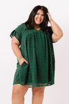 Plus Size V Neck Ruffle Swiss Dot Mini Dress with Pocket