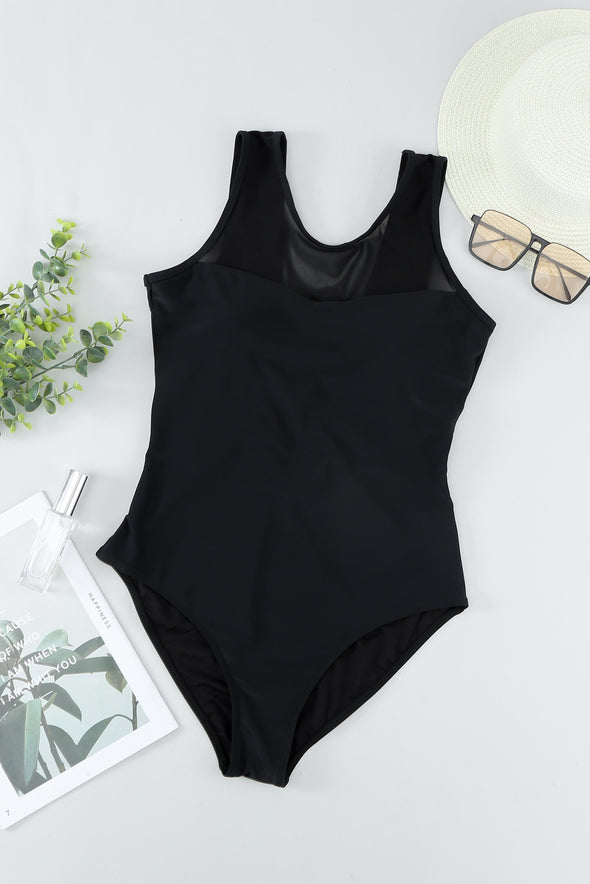 Strappy Hollow-out Back Mesh One-piece Swimwear