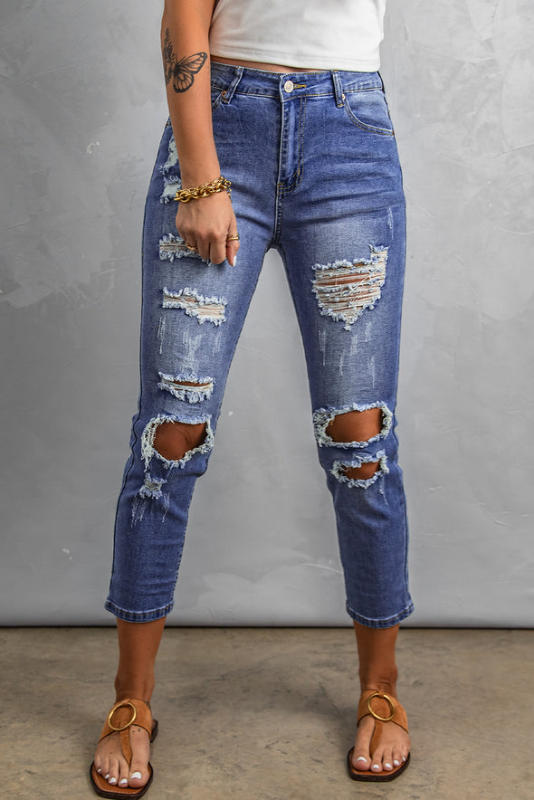 Fading Distressed Holes Crop Jeans