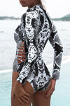 Print Zipper Cut-out Rash Guard Swimsuit
