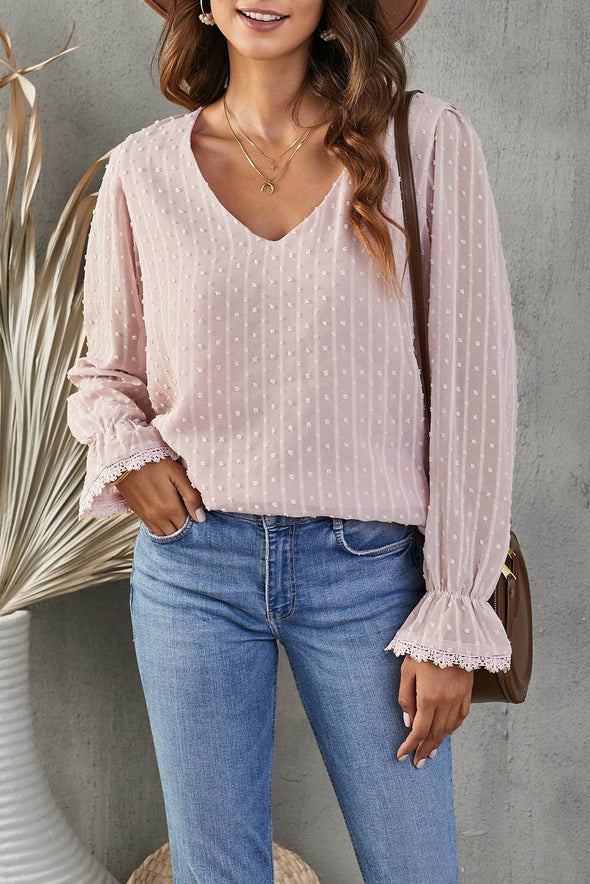 V Neck Puff Sleeve Swiss Dot Blouse