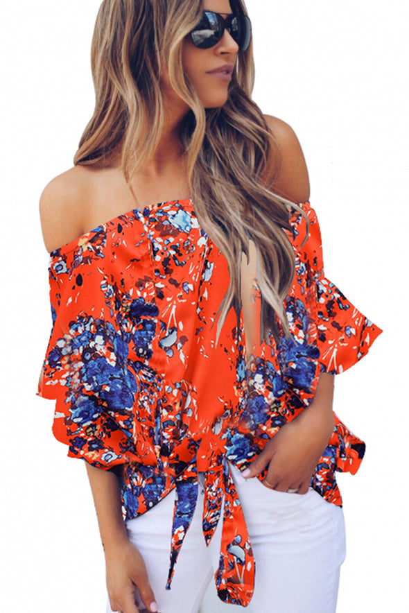 Off Shoulder Floral Tie Front High Low Chiffon Blouse