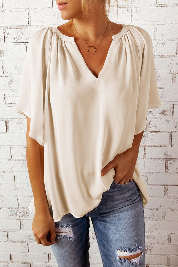 Split Neck Pleated Loose Blouse