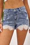Lace Rhinestone Decor Frayed Hem Denim Shorts