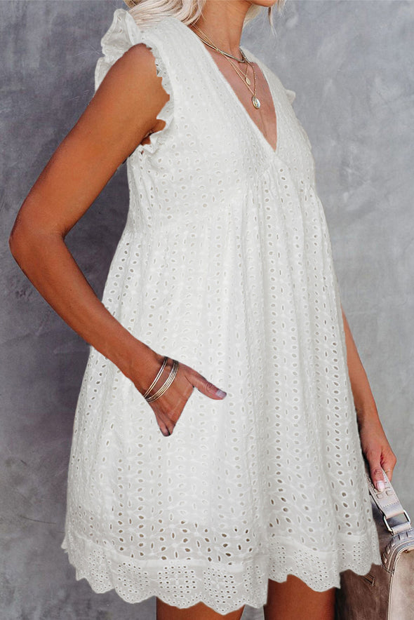 V Neck Ruffled Sleeves Perforating Babydoll Dress
