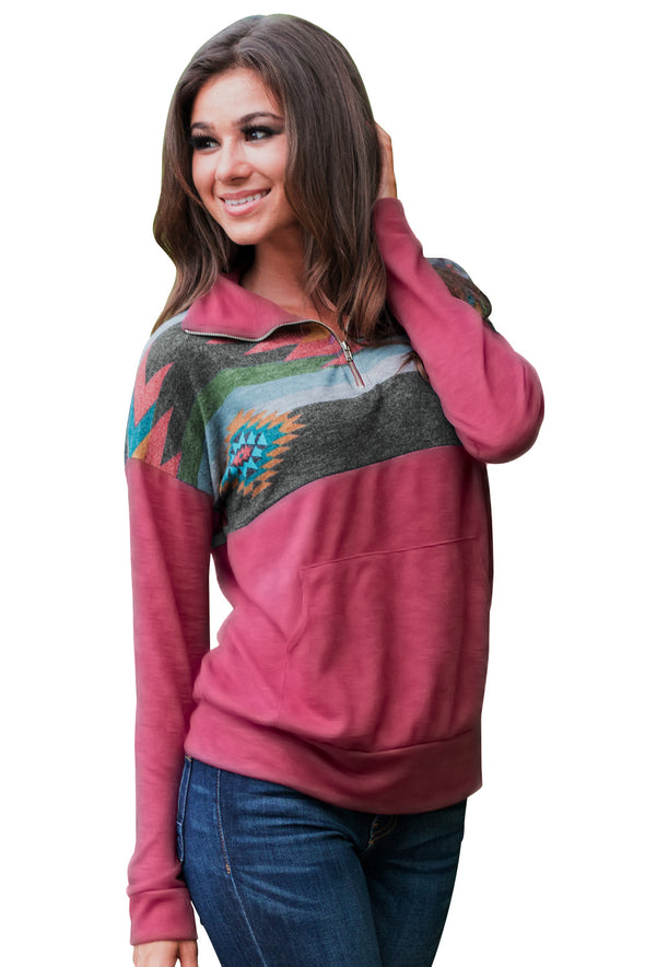 Aztec Print Atop Black Pullover Sweatshirt
