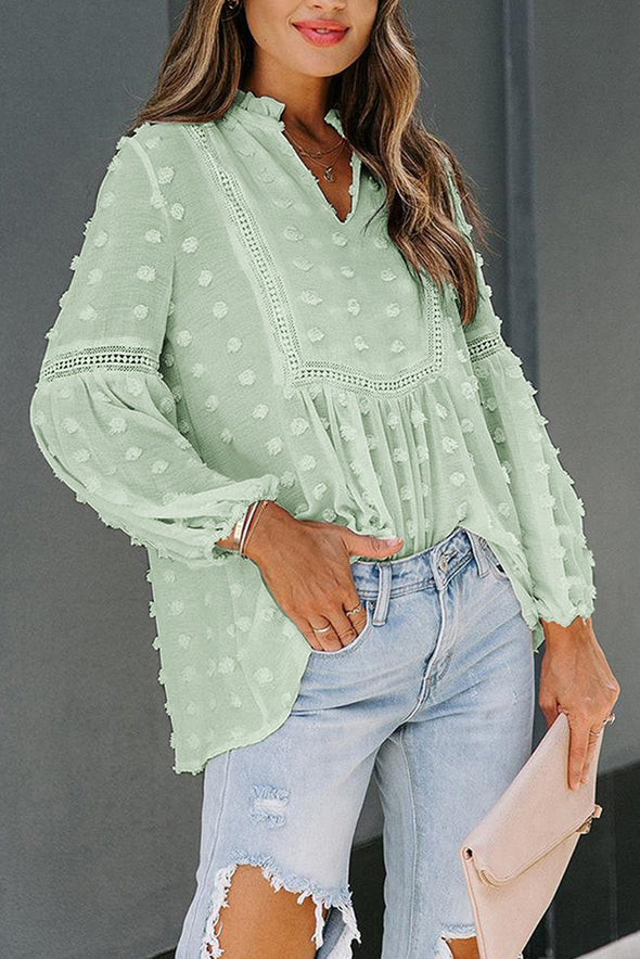 Swiss Dot Split Neck Ruffle Babydoll Blouse