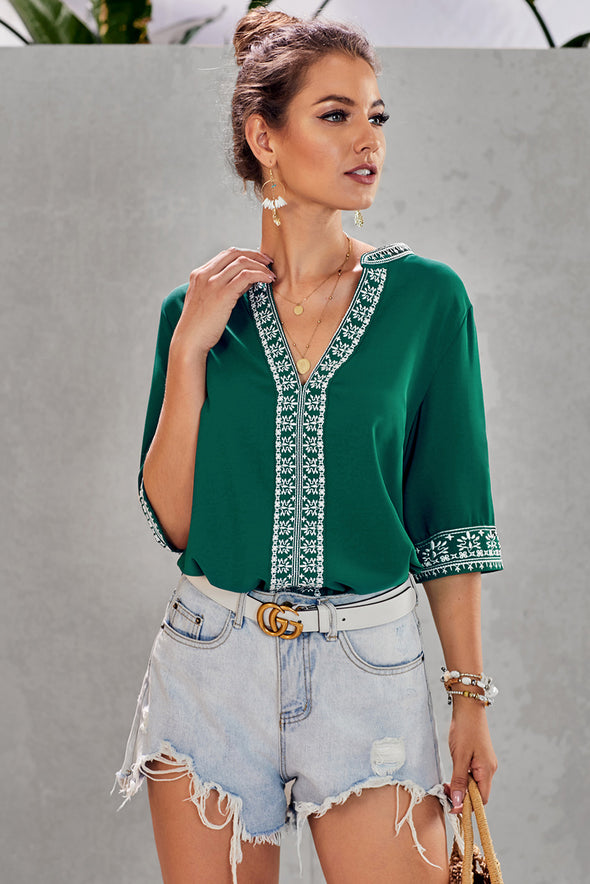 Chic Boho V Neckline Half Sleeve Blouse