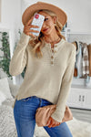 Henley Pullover Drop Shoulder Sweater with Slits