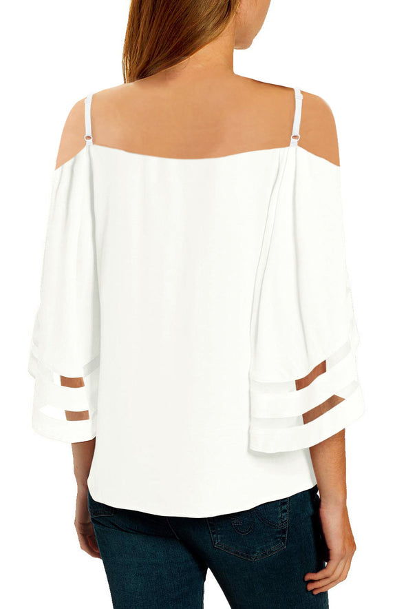 Spaghetti Straps Cold Shoulder Mesh Insert Bell Sleeve Blouse