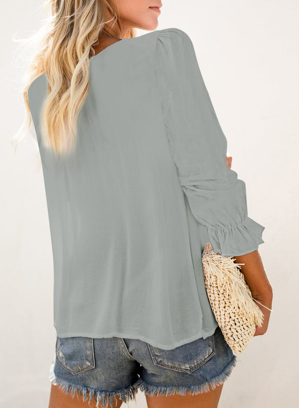 Bohemian Bubble Sleeve Eyelet Blouse