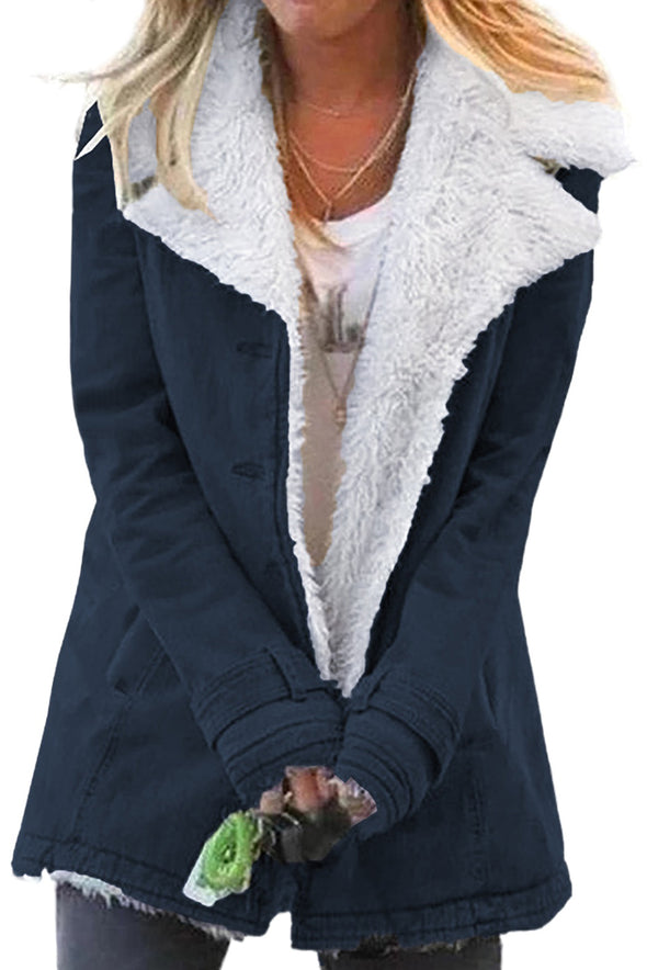 Khaki Lapel Collar Button Fleece Jacket