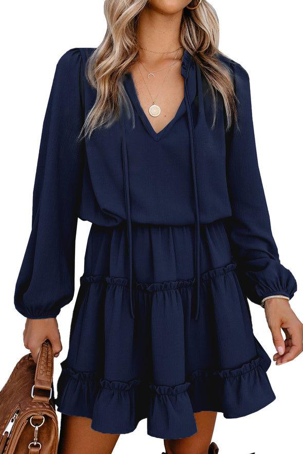 V Neck Long Sleeve Ruffle Tiered Mini Dress