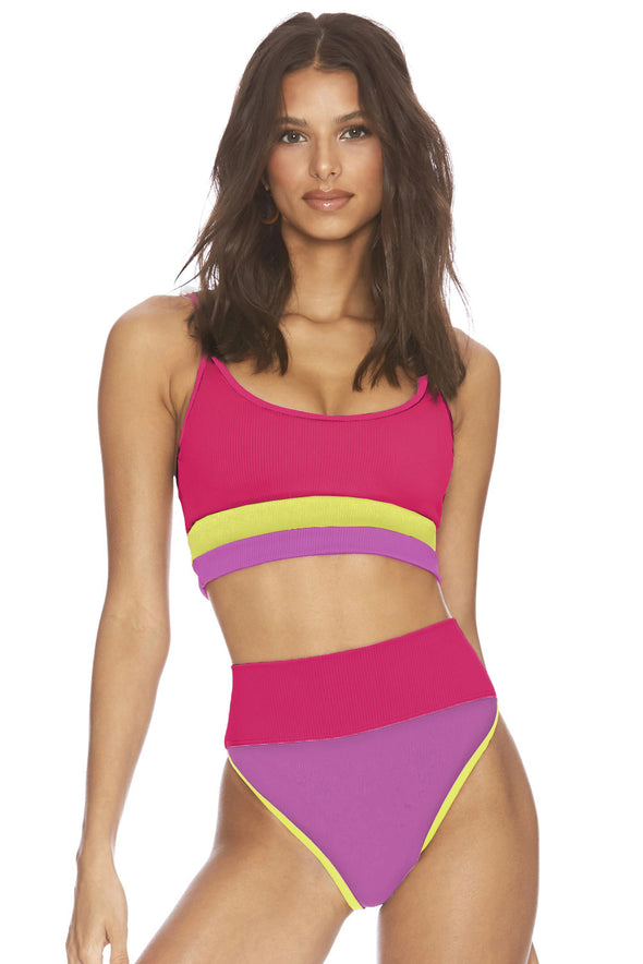 Spaghetti Straps Colorblock Ribbed High Waisted Swimsuit