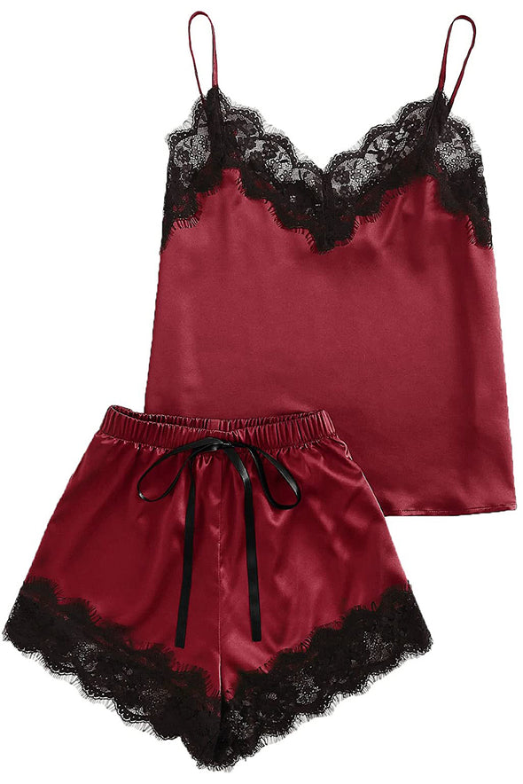Lace Satin Sleepwear Cami Top and Shorts Pajama Set