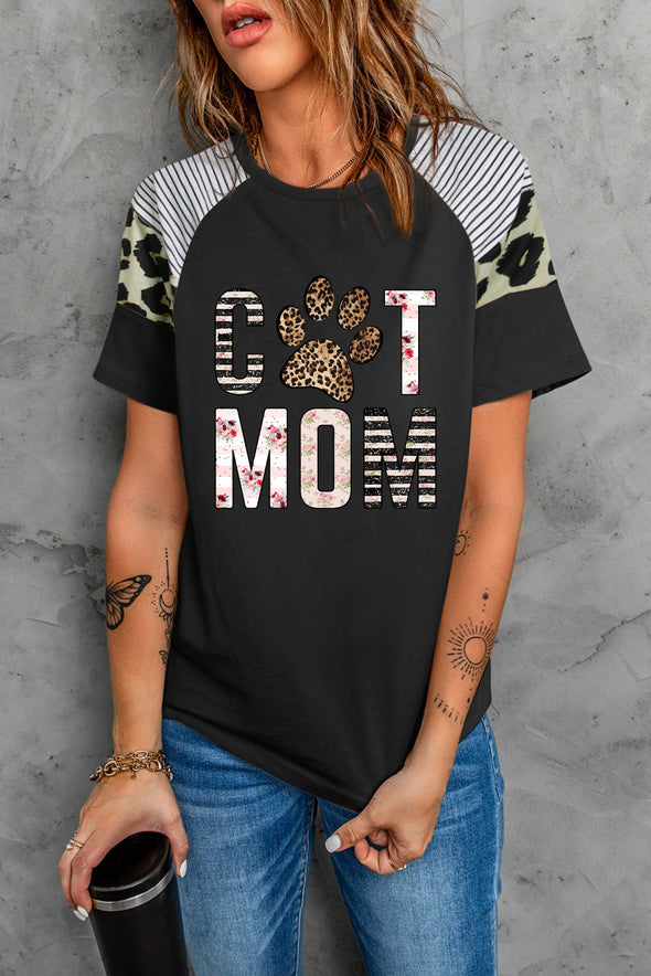 Letter Heart Print Leopard Striped Color Block Short Sleeve T-shirt