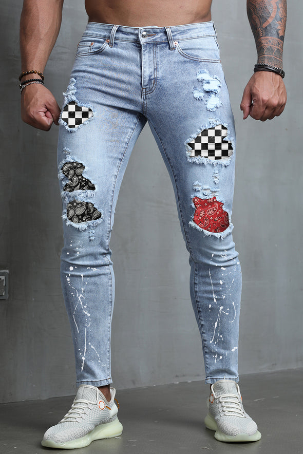 Men's Skull Print Patchwork Distressed Skinny High Waist Jeans