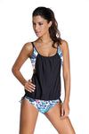 Grey Layered-Style Striped Tankini with Triangular Briefs