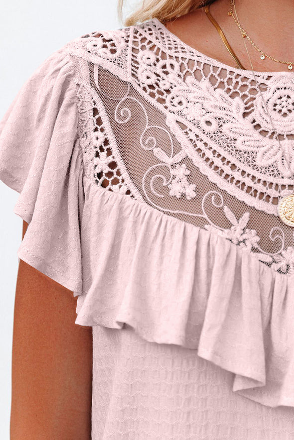 Lace Splicing Ruffled Short Sleeve T-shirt