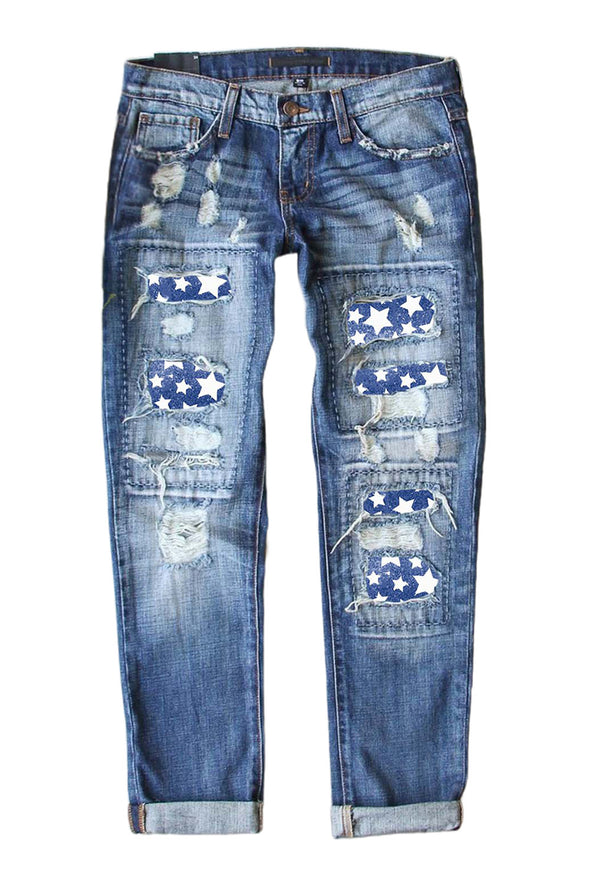 Valentine Heart Patchwork Distressed Straight Leg Jeans