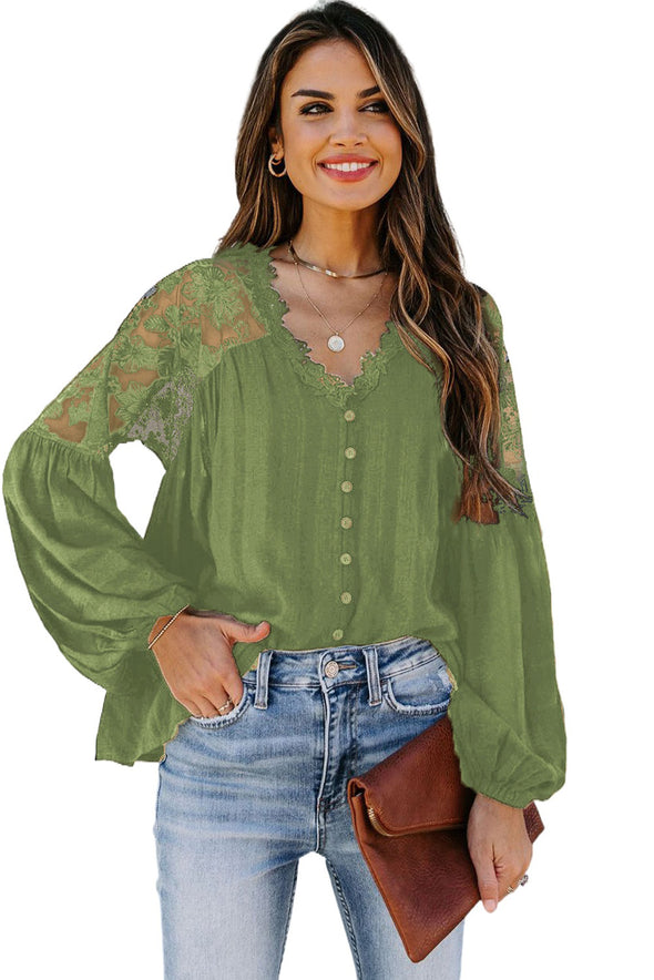 V Neckline Lace Shoulder Patchwork Blouse