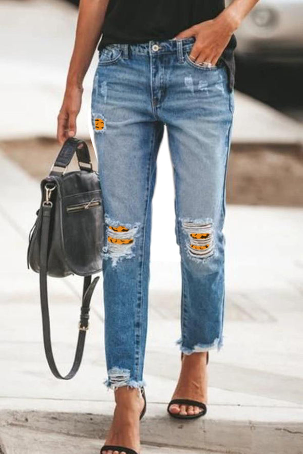 Plaid Patchwork Hollow Out Frayed Hem Ripped Jeans