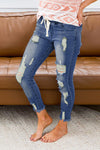 Drawstring Elastic Waist Hole Ripped Jeans