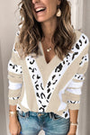 Animal Print Accent V Neck Sweater