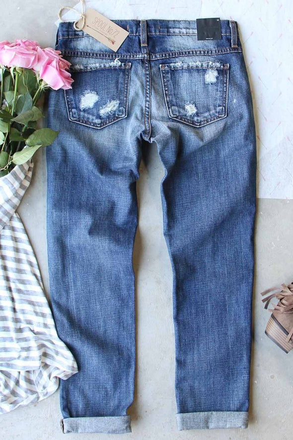 Valentine Heart Patchwork Distressed Straight Leg Jeans