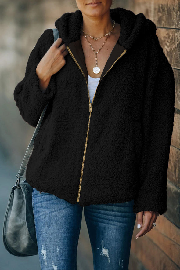 Zip Up Sherpa Hooded Coat with Pocket