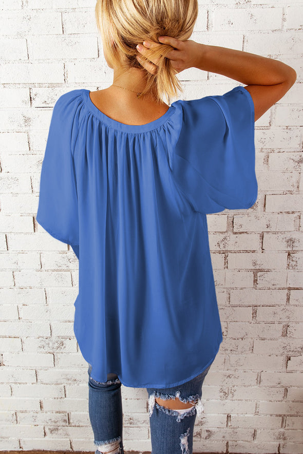 Split Neck Pleated Loose Blouse