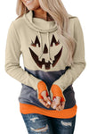 Cowl Neck Pumpkin Print Color Block Halloween Sweatshirt