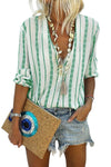 V Neck Striped Button Down Blouse