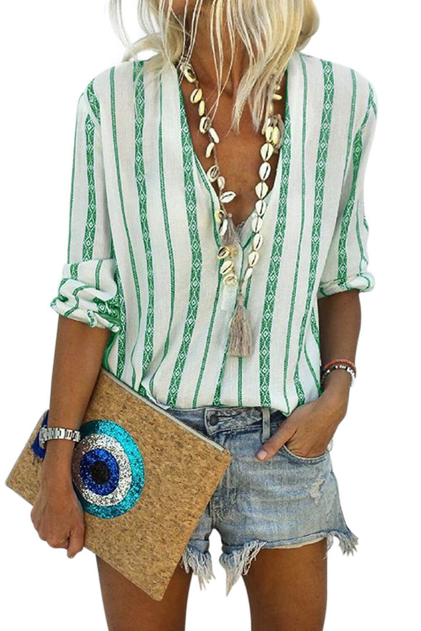 V Neck Striped Button Down Blouse