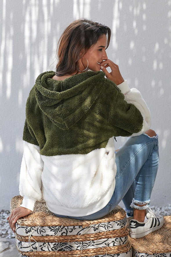 White Colorblock Furry Hoodie