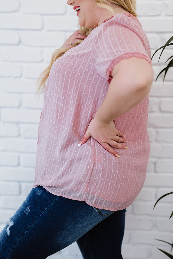 V Neck Lace Crochet Swiss Dot Short Sleeve Blouse