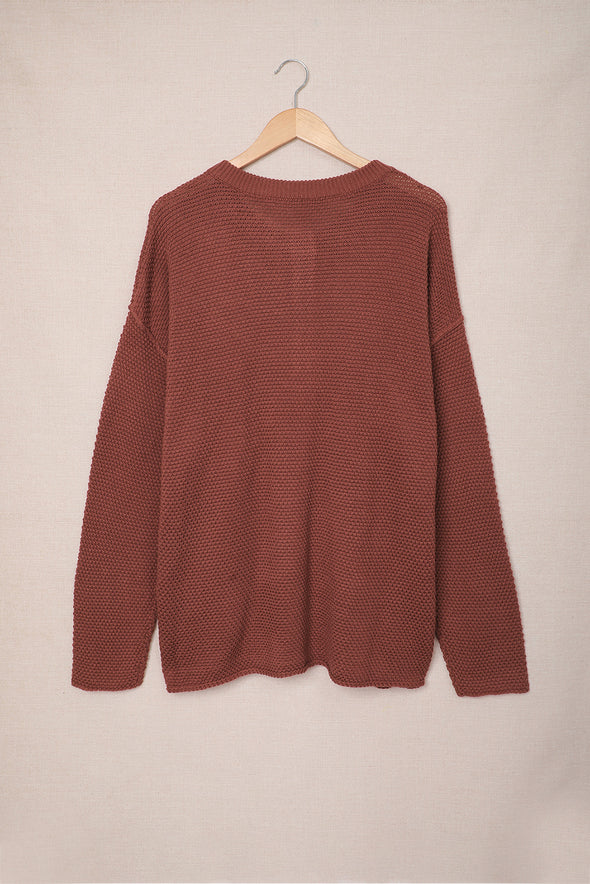 Henley Pullover Drop Shoulder Sweater with Slits
